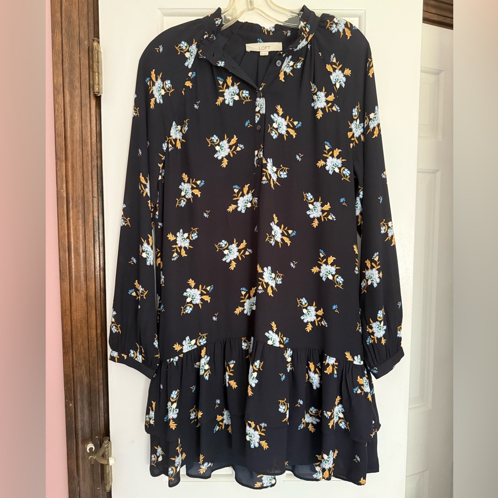 LOFT Navy Floral Ruffle Dress